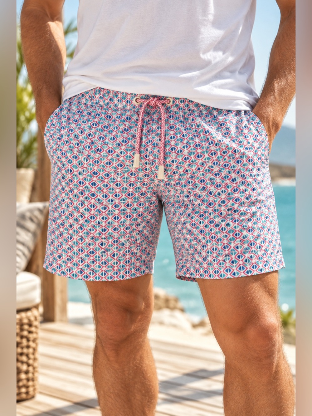 Johnnie-O Men’s Pink Blue Geometric Print Swim Trunks Shorts Size L
